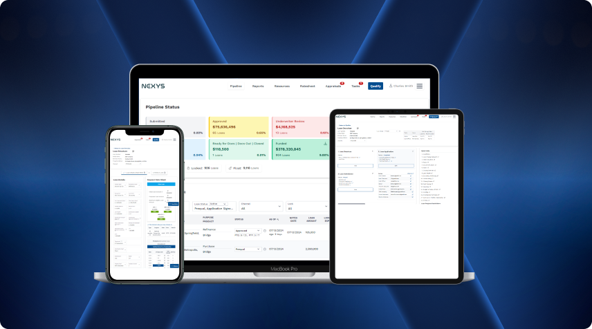 Nexys loan origination software shown on laptop, tablet, and phone